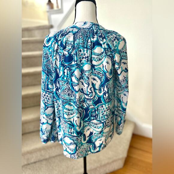 Lilly Pulitzer Elsa Keep On Trunkin Blue & White Elephant Silk Blouse - Picture 3 of 8